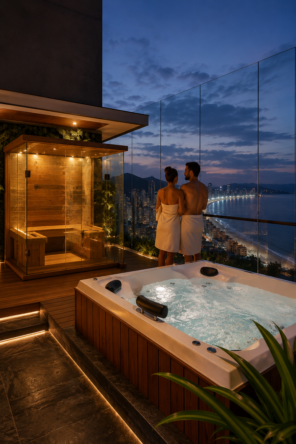 Spa e sauna em cobertura frente-mar ao anoitecer, com a cidade iluminada ao fundo
