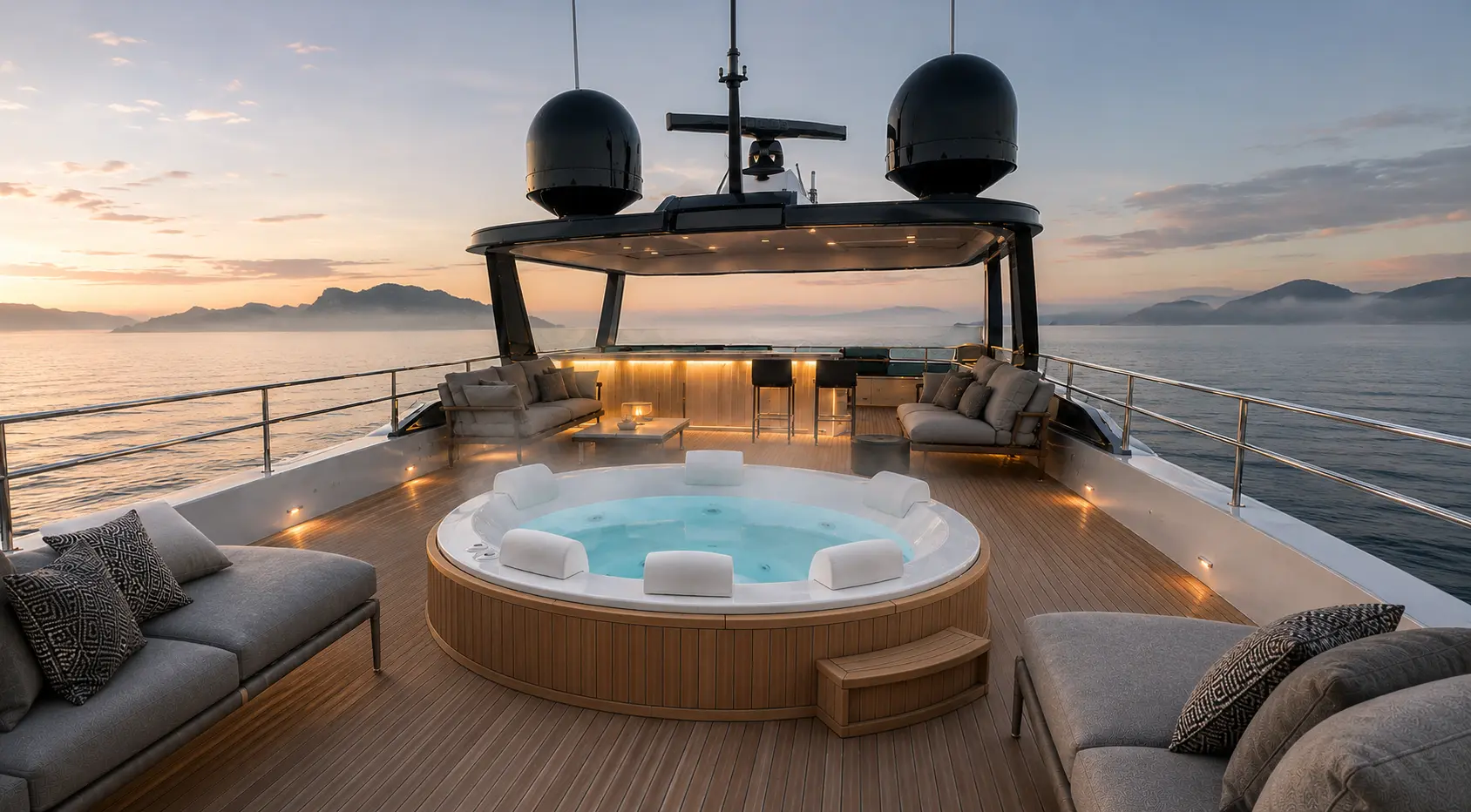 Spa circular no deck ao amanhecer, com névoa e montanhas ao fundo