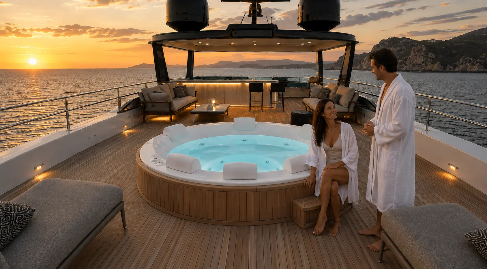 Casal de roupões junto ao spa circular no deck ao pôr do sol