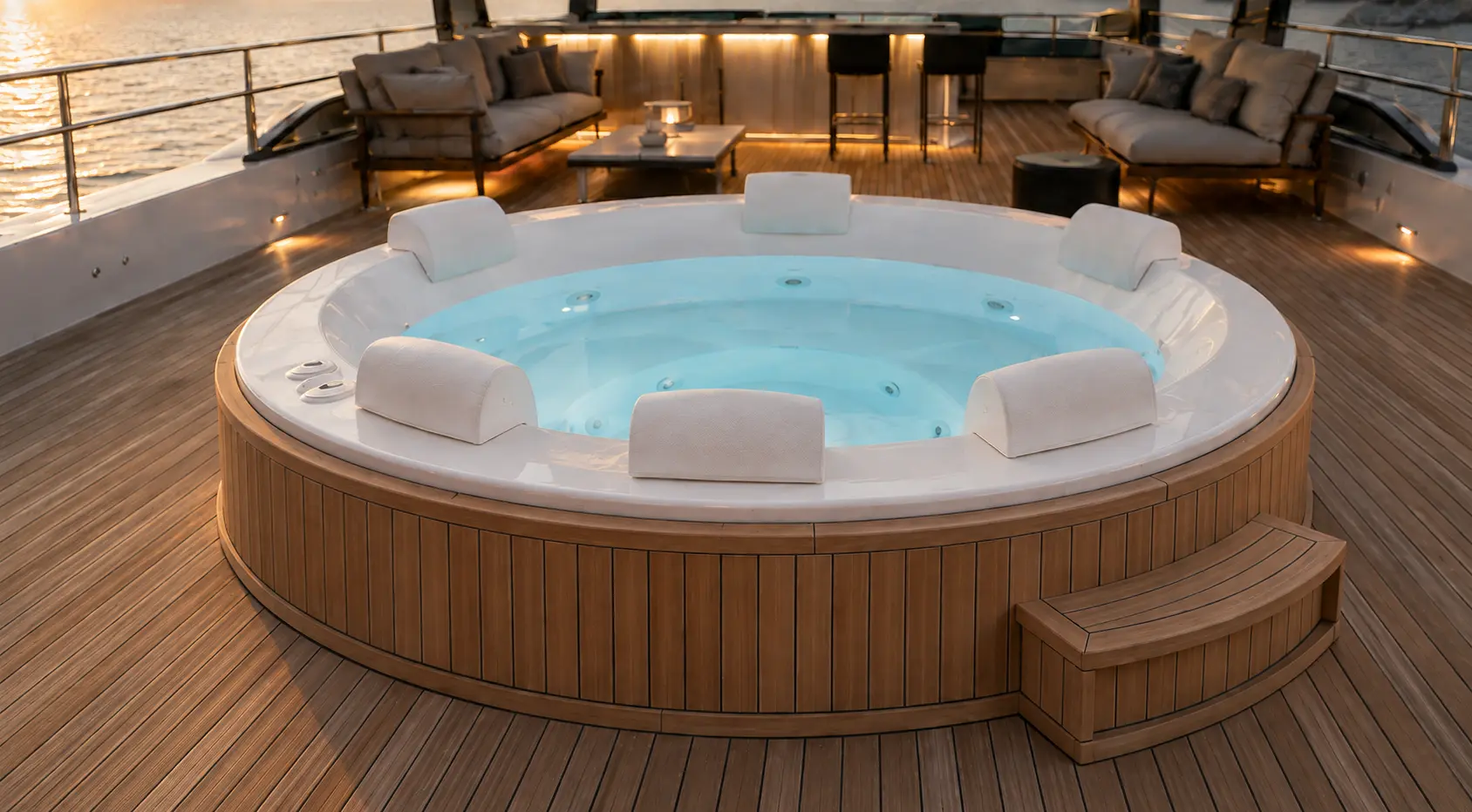 Detalhe do spa circular com seis apoios, base ripada em madeira e degrau curvo