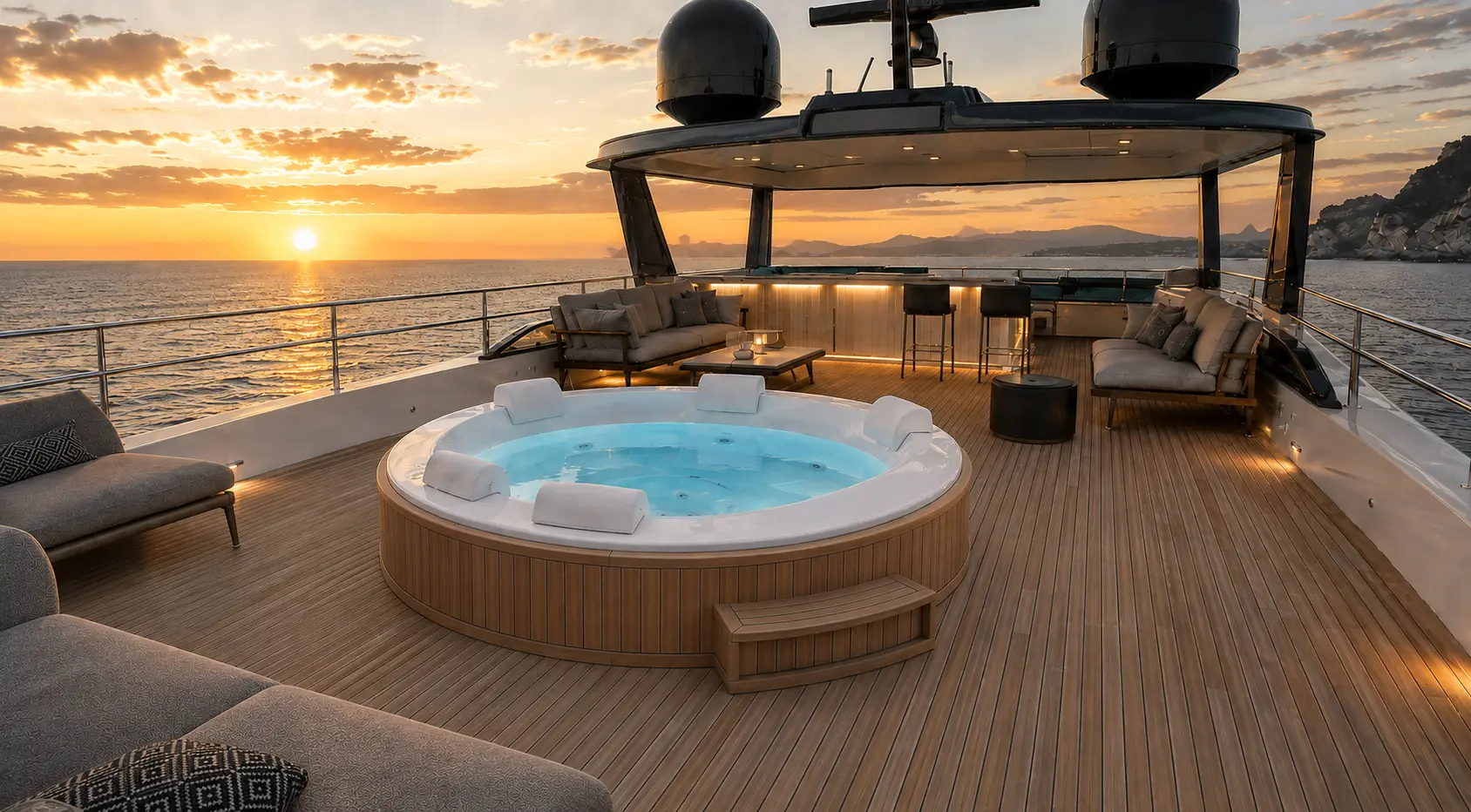 Vista diagonal do deck com spa circular, bar e horizonte ao entardecer