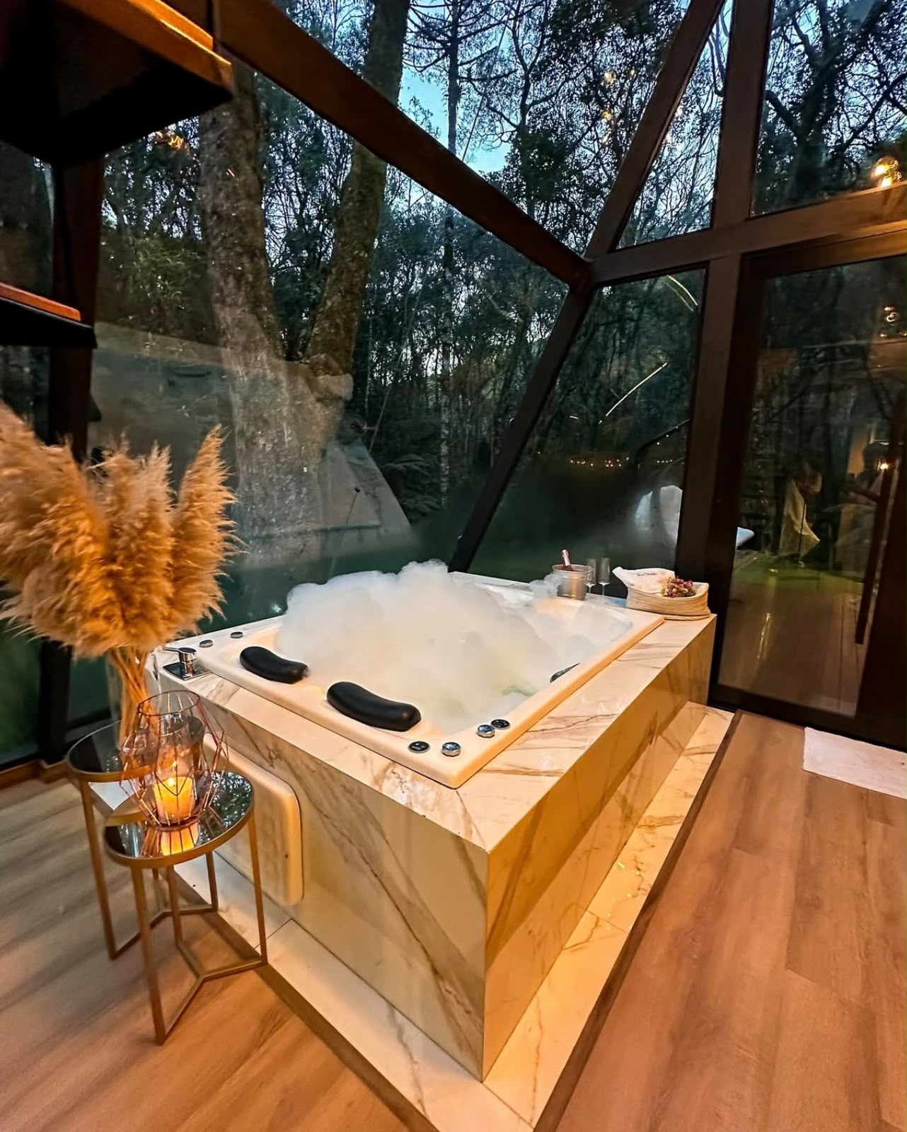 Residência brasileira com piscina curva, deck de madeira, sauna envidraçada e spa entre vegetação tropical