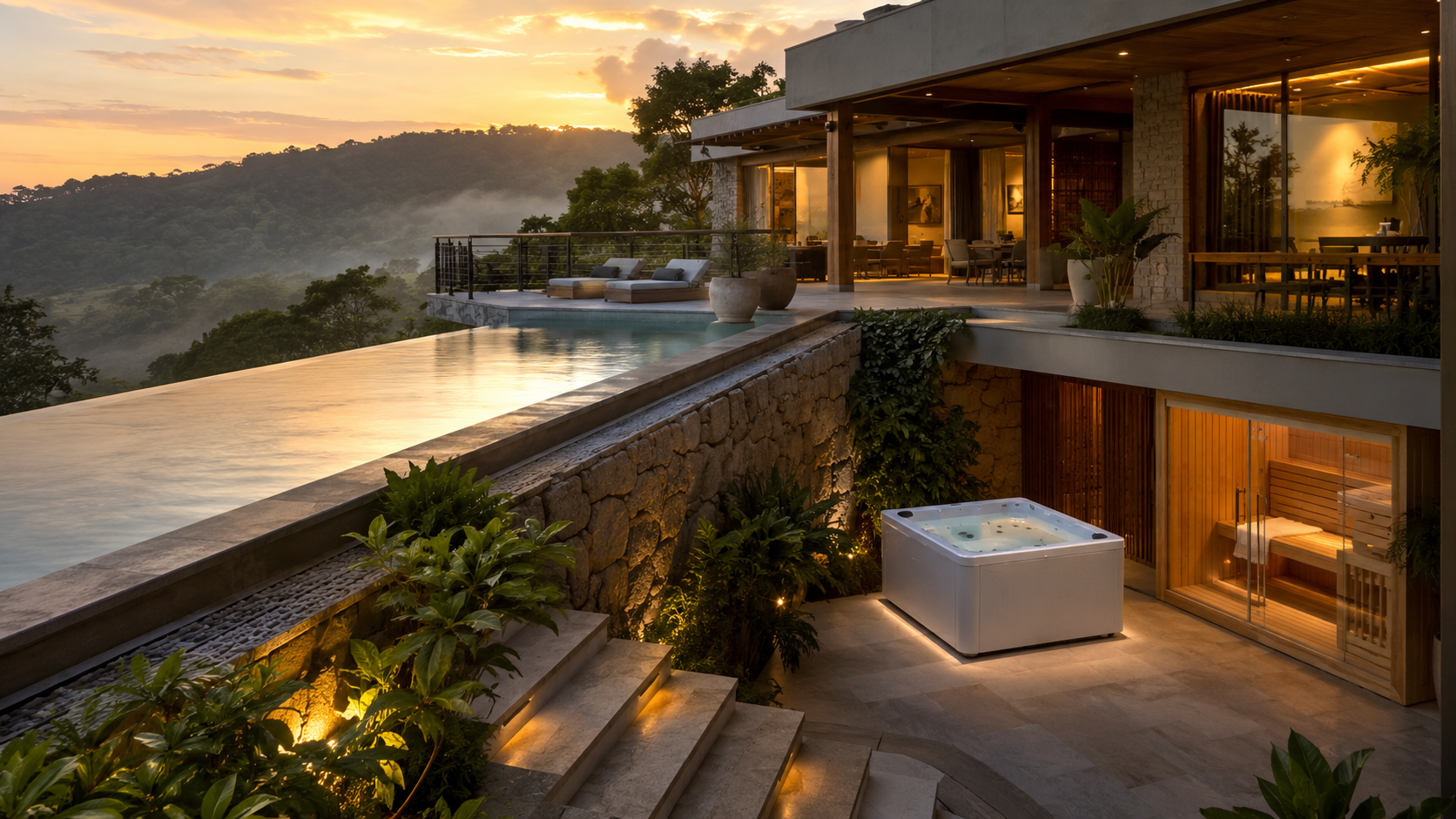 Implantação entre montanhas com piscina de borda infinita, terraços em pedra, sauna envidraçada e spa
